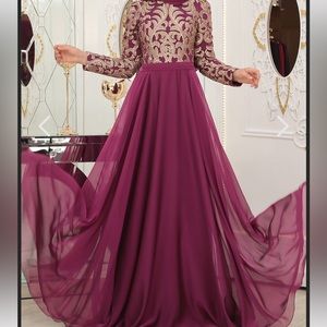 Turkish Sewn Fuchsia Maxi Dress with Gold Pattern, Size M